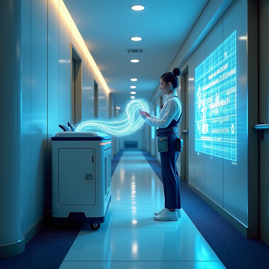 Futuristic Hotel Corridor with Holographic Cleaning Display