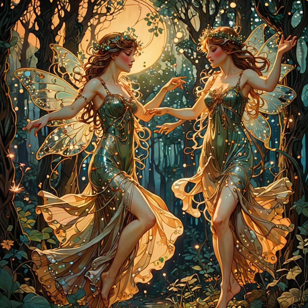 Fairies Dancing in Forest, Art Nouveau Style