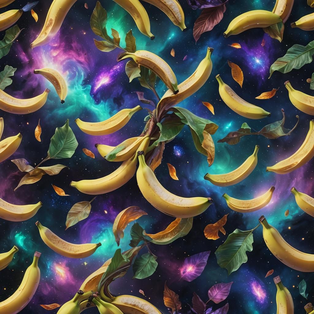 Glowing Banana Slices Through Nebula: Fantasy Art