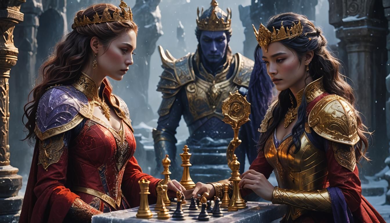 King and Warrior Chess Game in Art Nouveau Style