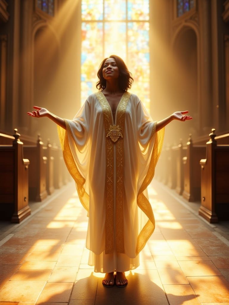 Radiant Black Woman in Sunlit Church Digital Painting