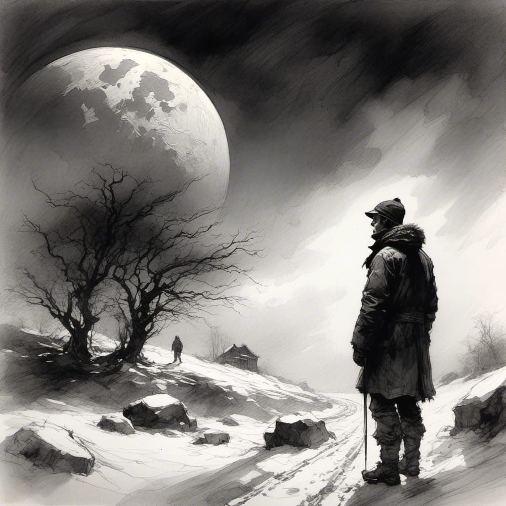 Man Lost in Snow: Graphite Pencil Sketch