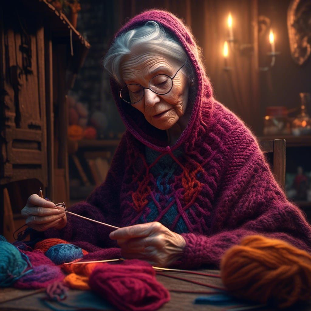 Hyperrealistic Grandma Knitting a Gimp Mask