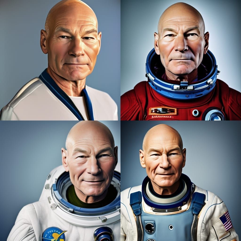 Patrick Stewart wearing a space suit