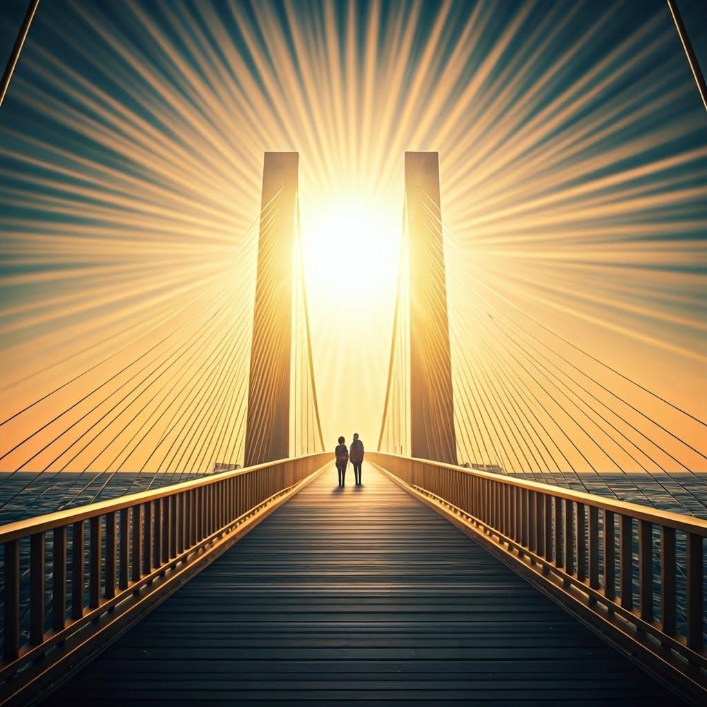 Surreal Solarpunk Golden Bridge with Light Rays