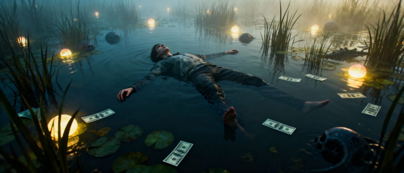 Surreal Figure Lost in Foggy Marsh, Ethereal Lights, Hyperre...