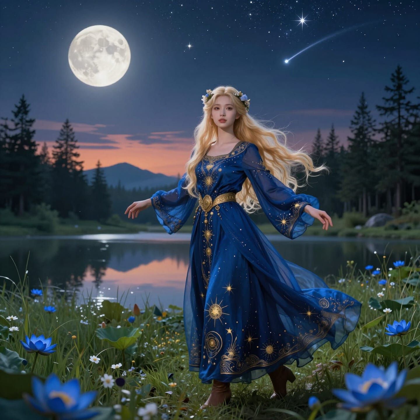 Woman in Blue Gown in Magical Night Meadow