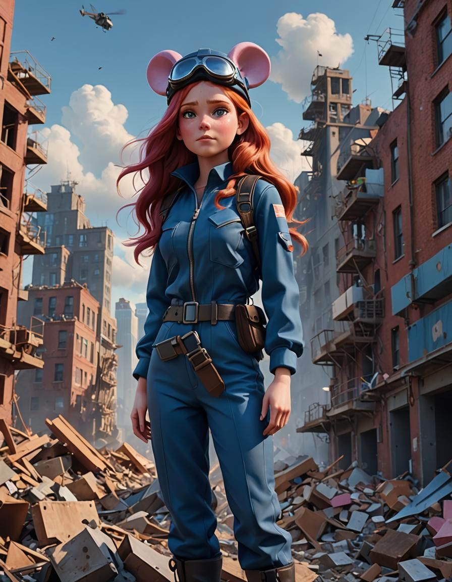 Girl in Blue Pilot's Suit Stands Amongst City Wastes