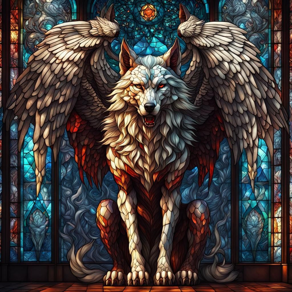 Stained Glass Wolf Angel Demon