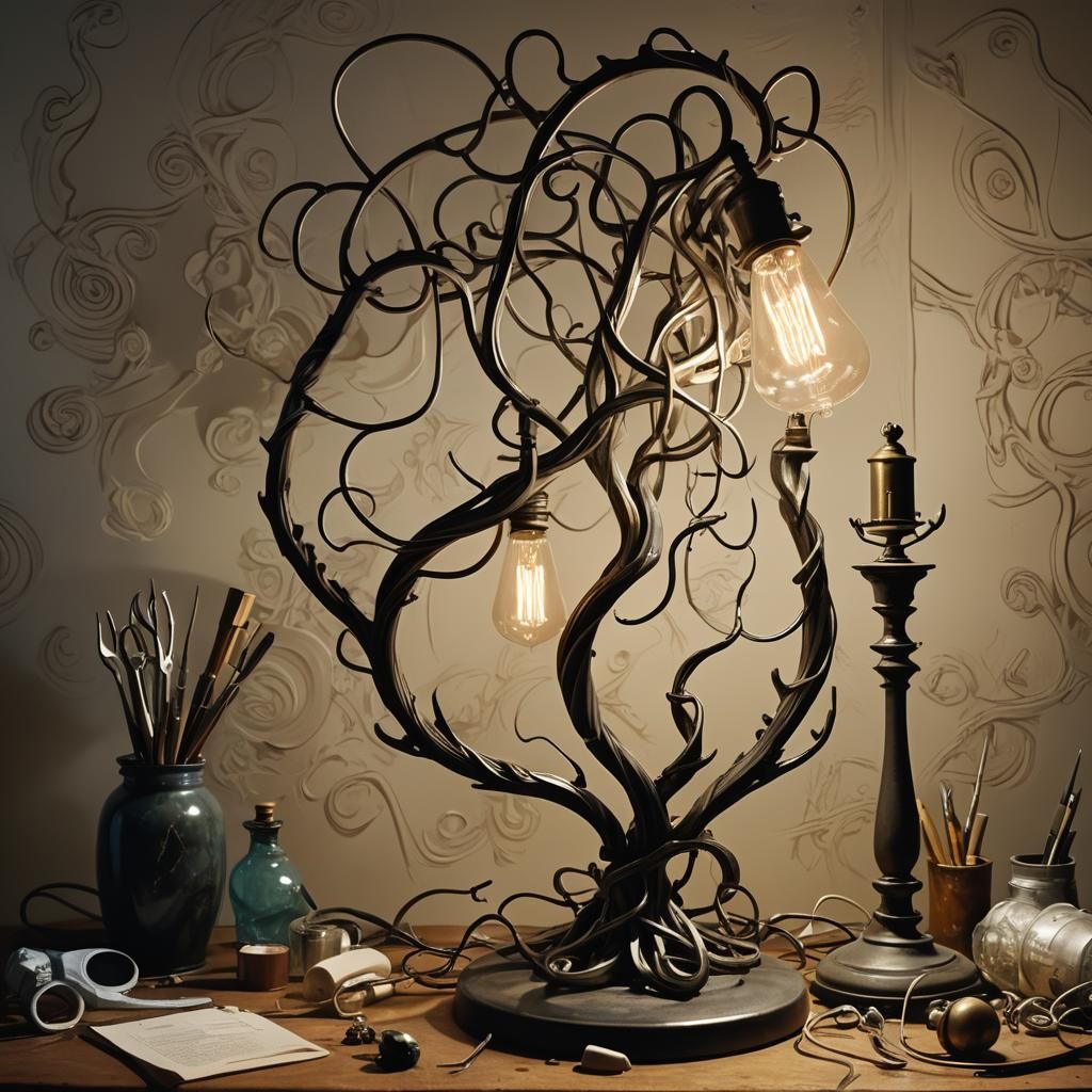 Surreal Lamp with Twisted Limbs on Workbench