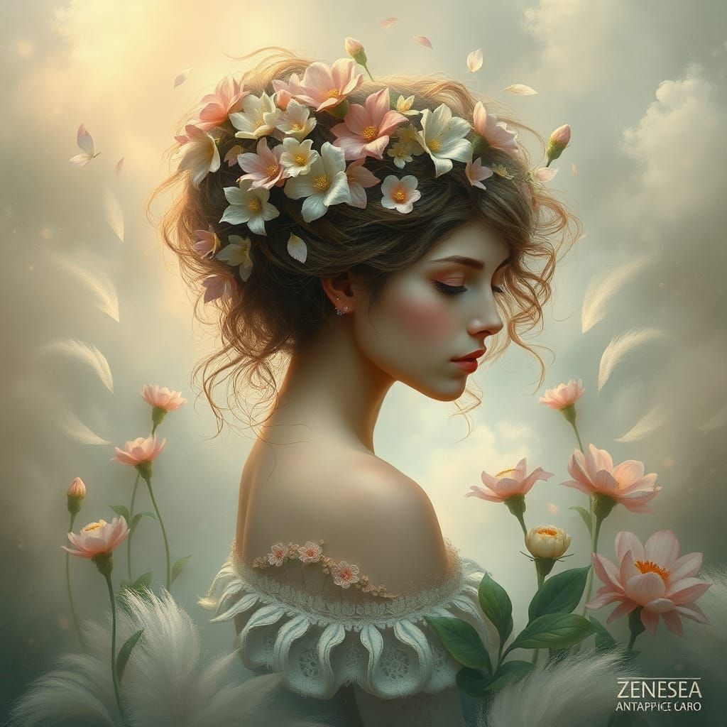 Enchanting Woman with Flowers, Ethereal Landscape