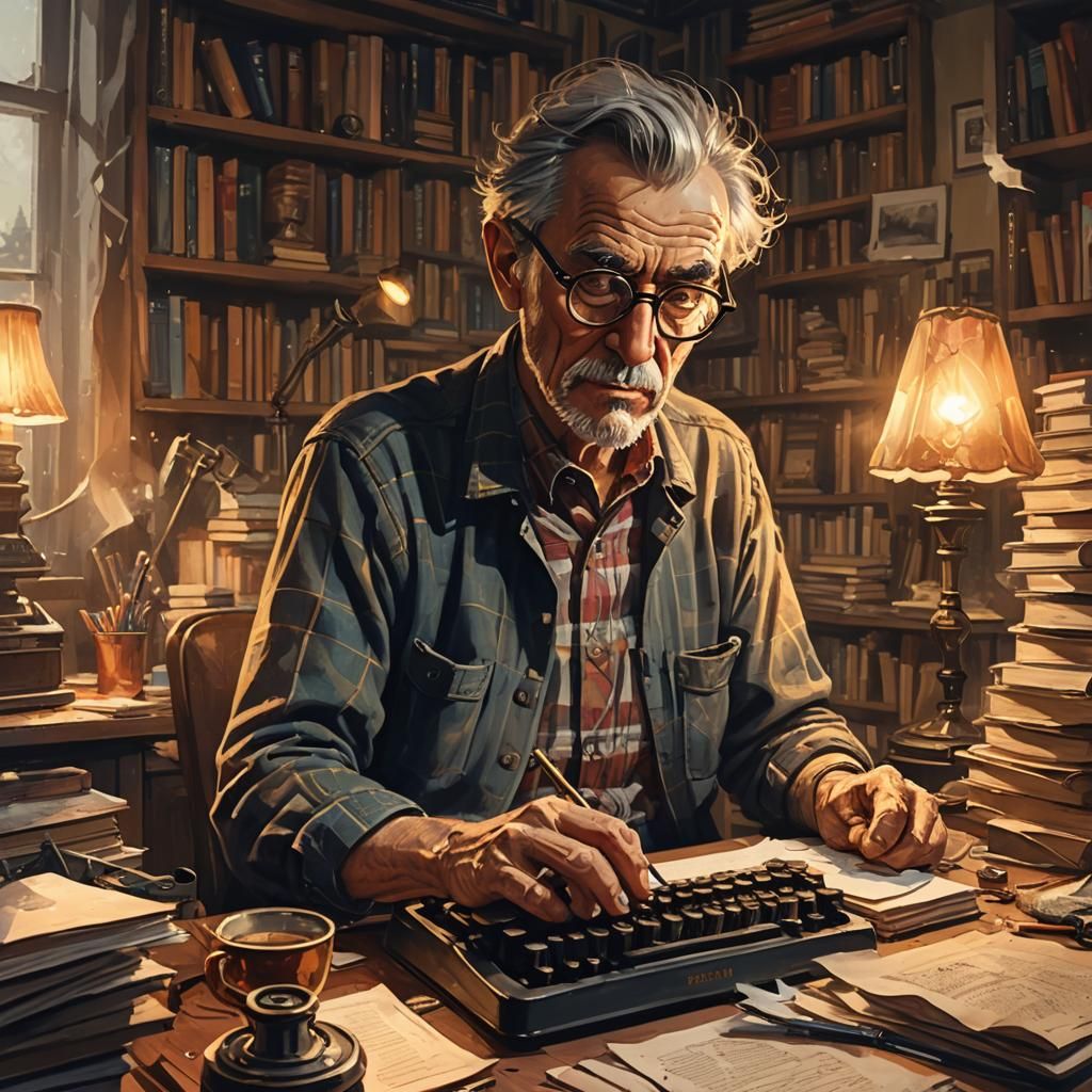 Vintage Writer at Desk in Epic Fantasy Art