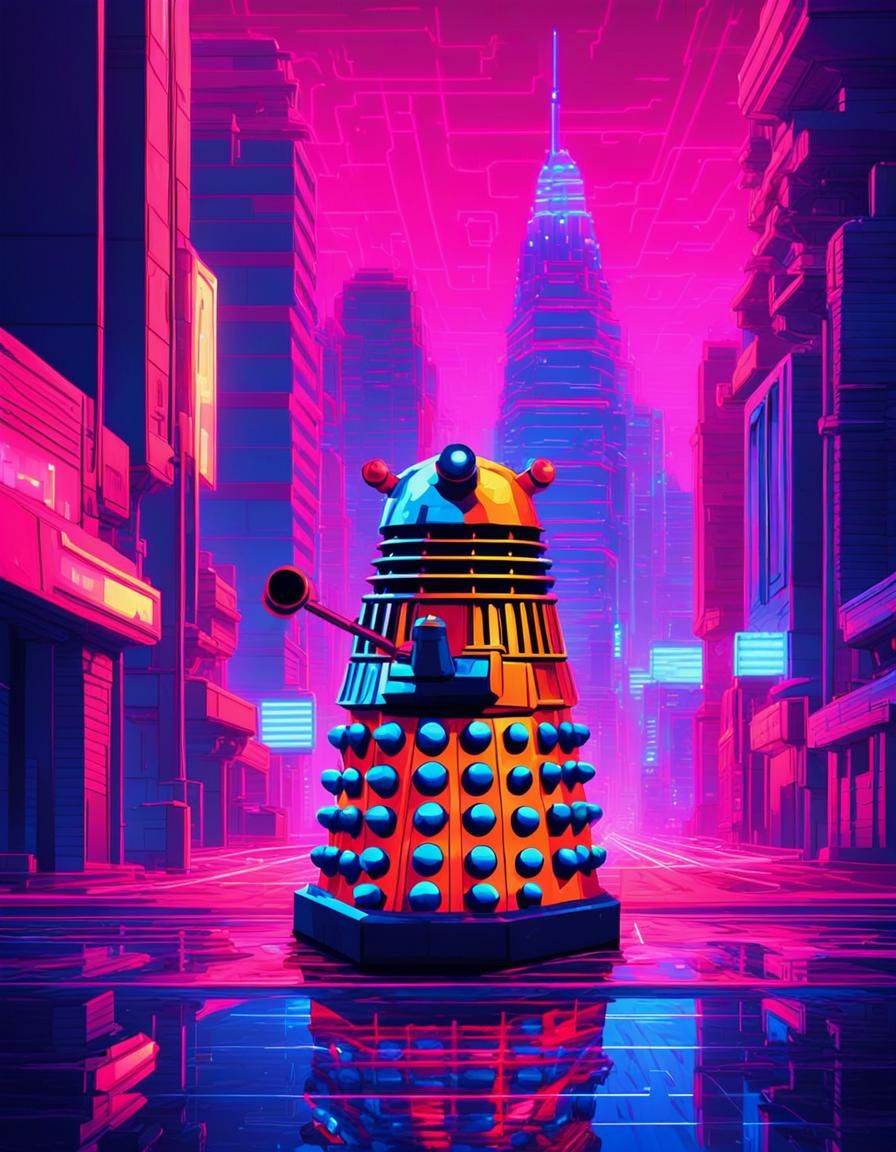8-Bit Dalek in Synthwave Neon Cityscape