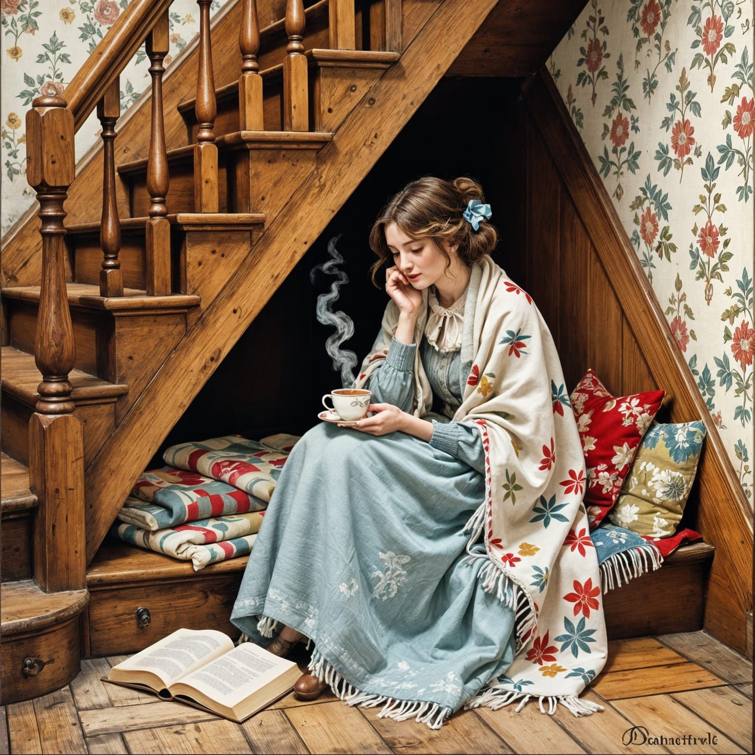 Cozy Reading Nook Under Stairwell with Tea