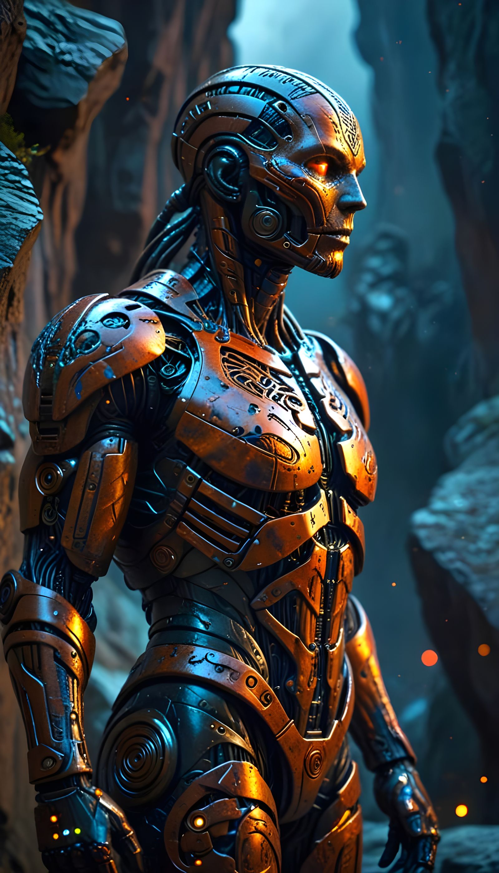 Rusty Cyborg Contemplates Starry Night in Giger Style