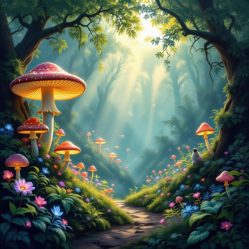 Enchanting Fantasy Landscape with Ethereal Flora and Fauna