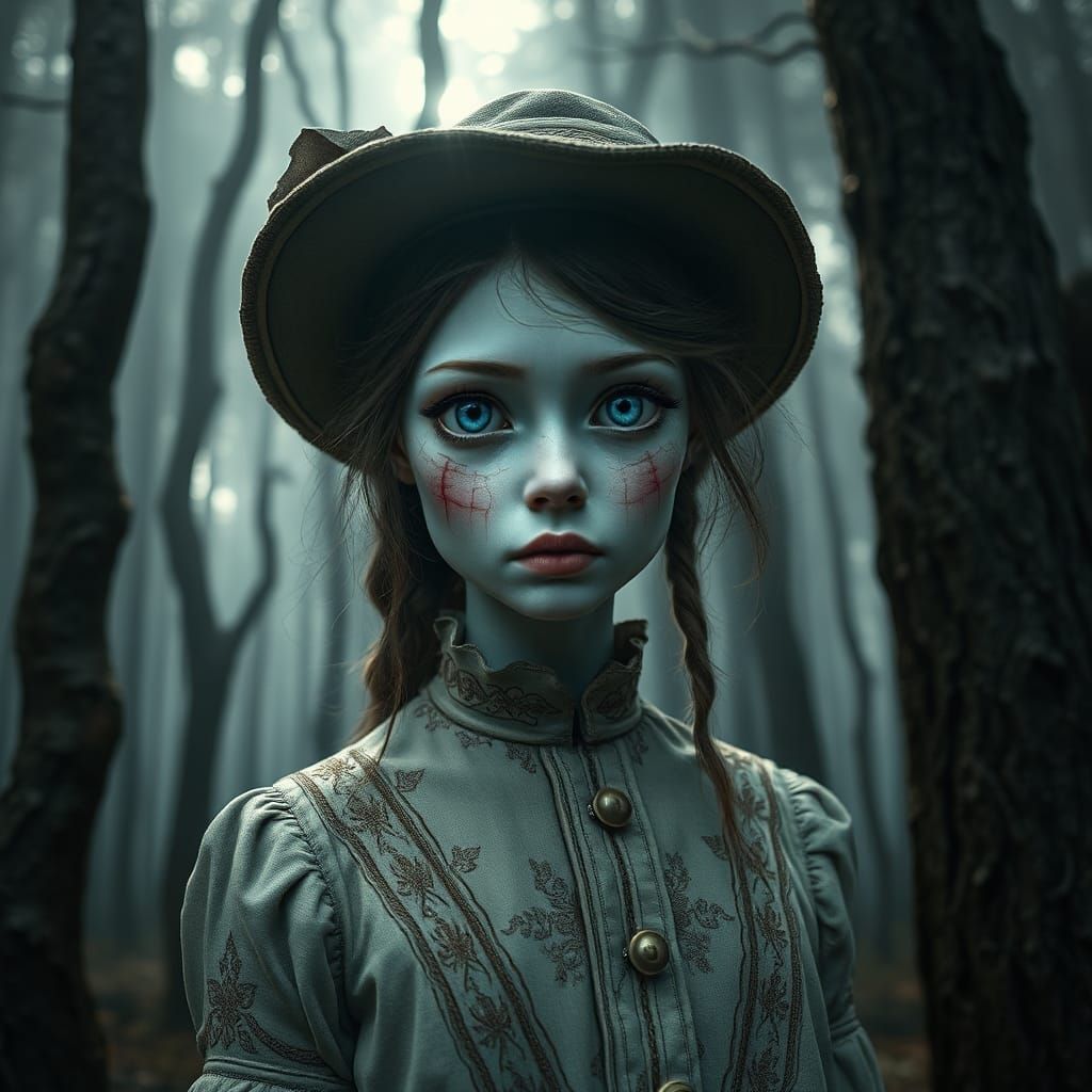 Melancholic Woman in Misty Forest, Eerie Doll-Like Appearanc...