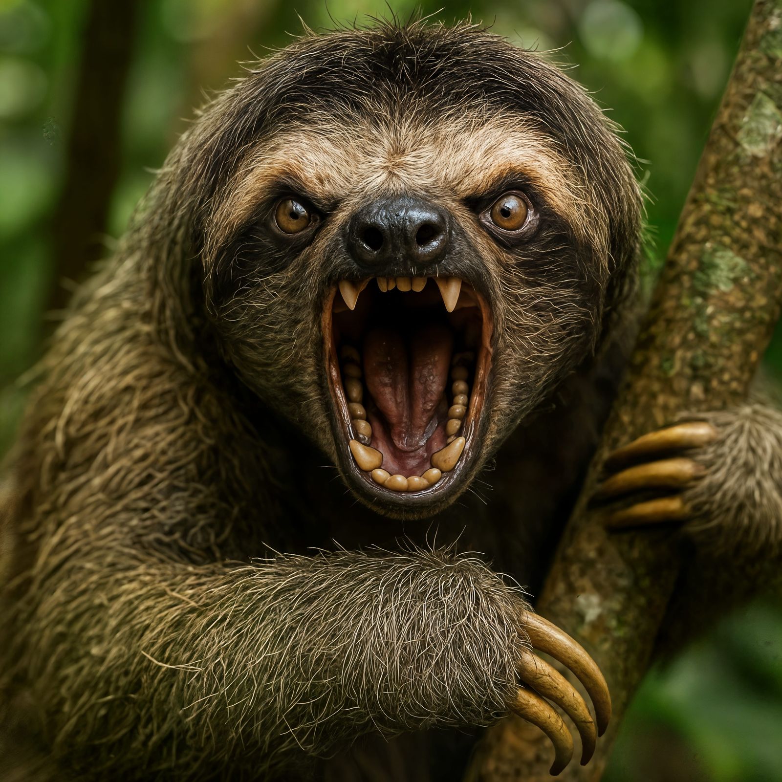 Angry Screaming Sloth Close-Up in a Tree