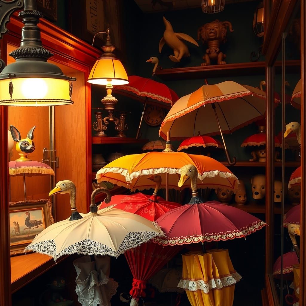 Vintage Umbrella Shop in Warm, Golden Light