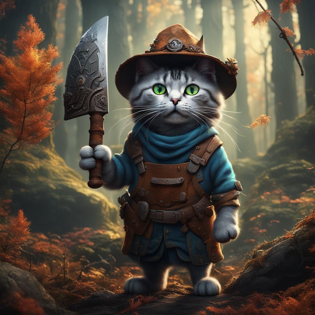 Cat with Hatchet in Woods: Fantasy Concept Art