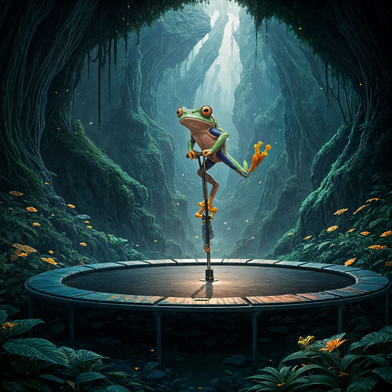 Frog on Pogo Stick Trampoline in Fantasy Art