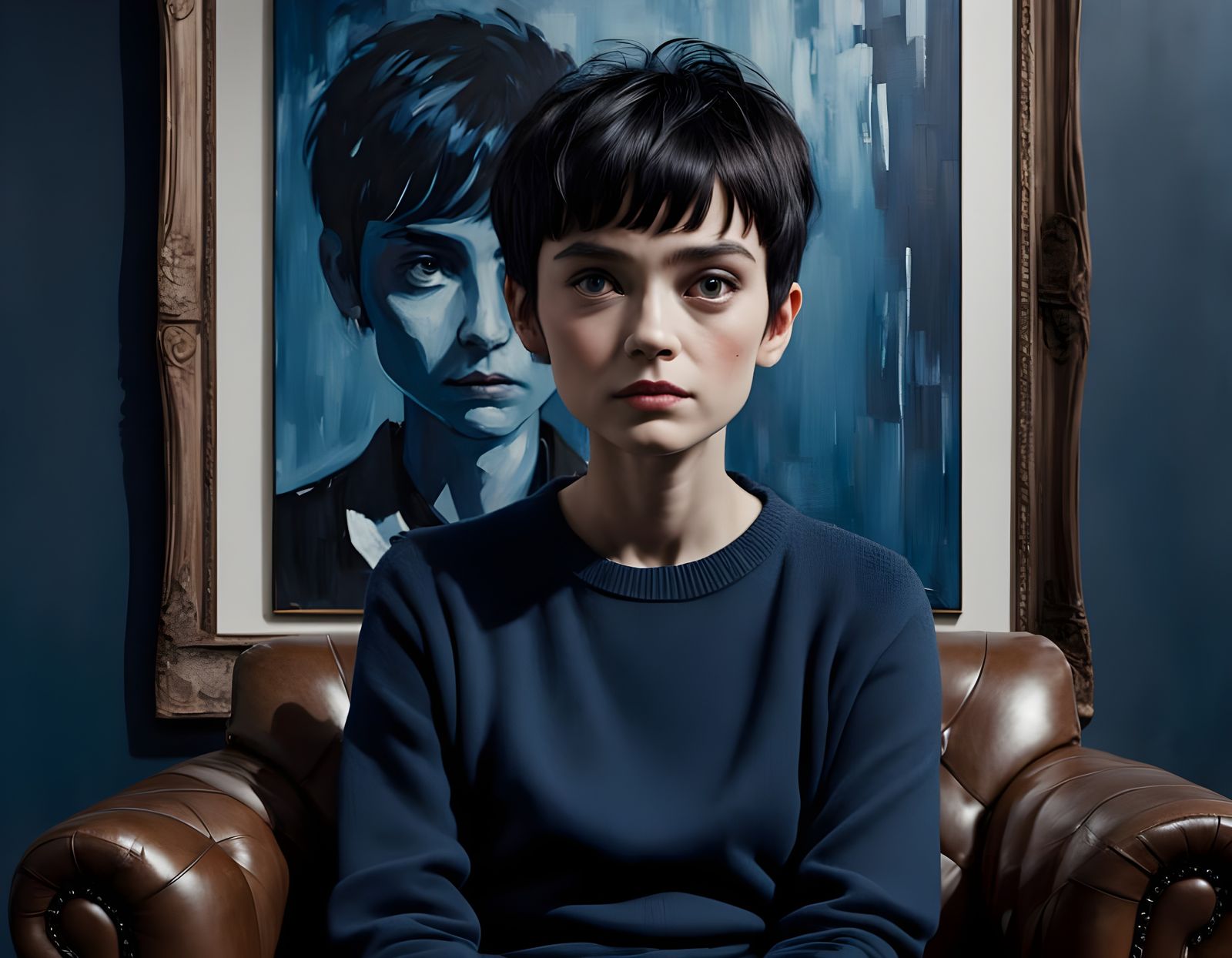 Cinematic Art Gallery Scene with Oil Portrait