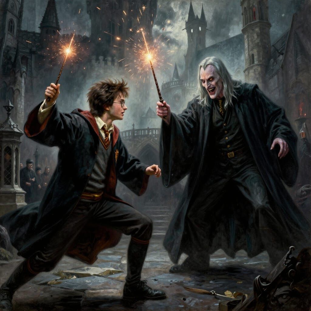 Epic Wizard Battle in Stormy Castle Courtyard