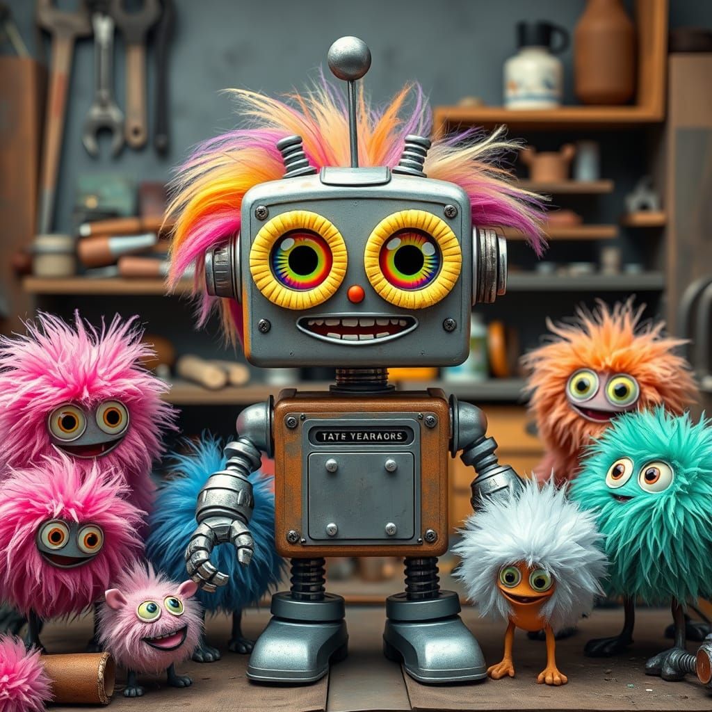 Pastel Rainbow Creatures with Toolbox Robot in Gothic Art