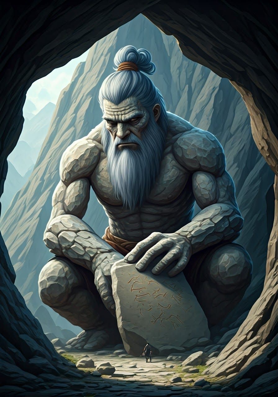 Colossal Stone Giant Emerges from Mountain Cave