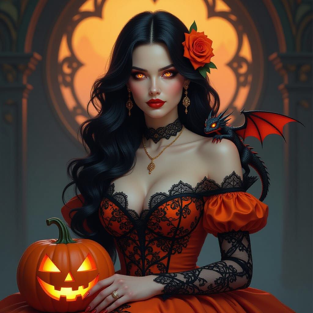 Dark Fantasy Woman with Dragon and Rose