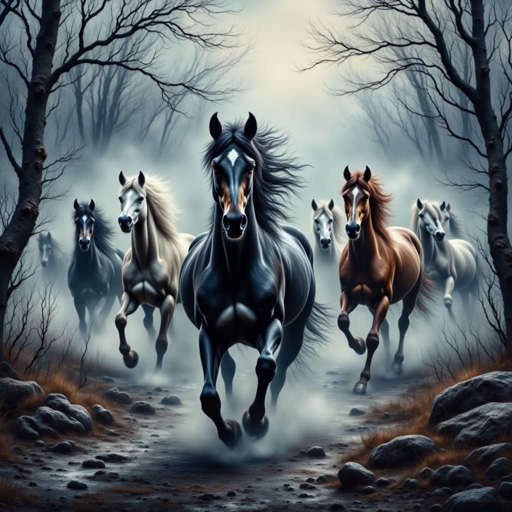 Wild Horses Galloping Through Fog, Grungy Oil Painting