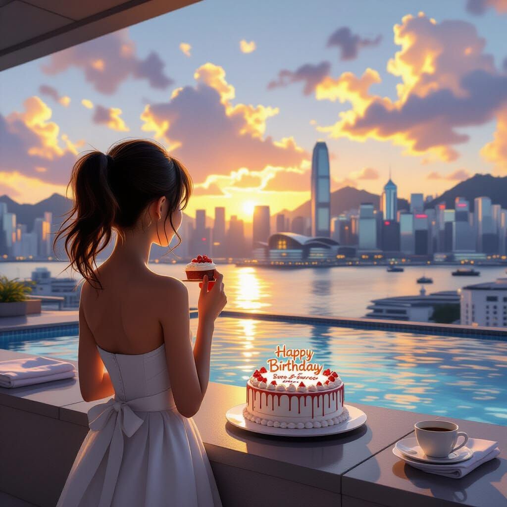 Schoolgirl's Birthday on Rooftop Overlooking Hong Kong