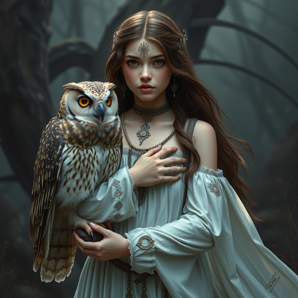 Girl with Owl in Dark Fantasy World, Digital Art