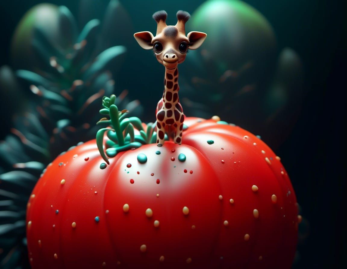 Giraffe on Tomato in Dark Fantasy Digital Art