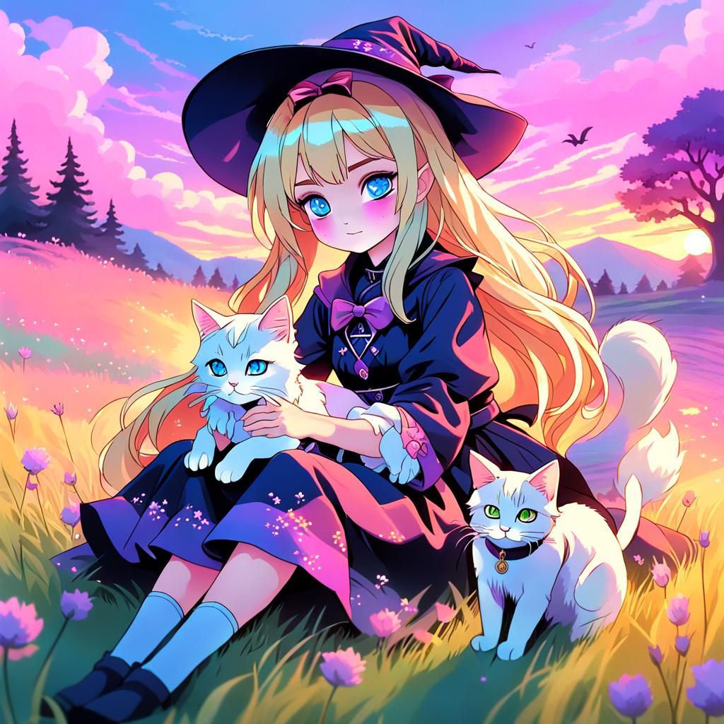 Anime Witch in Meadow at Dusk, Cel-Shaded Art