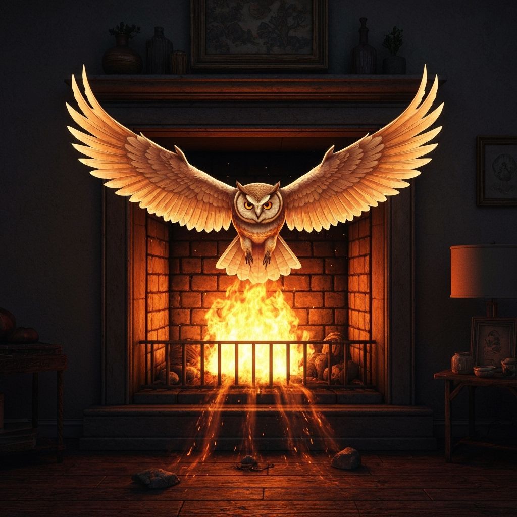 Fiery Owl Flies From Fireplace: Fantasy Concept Art