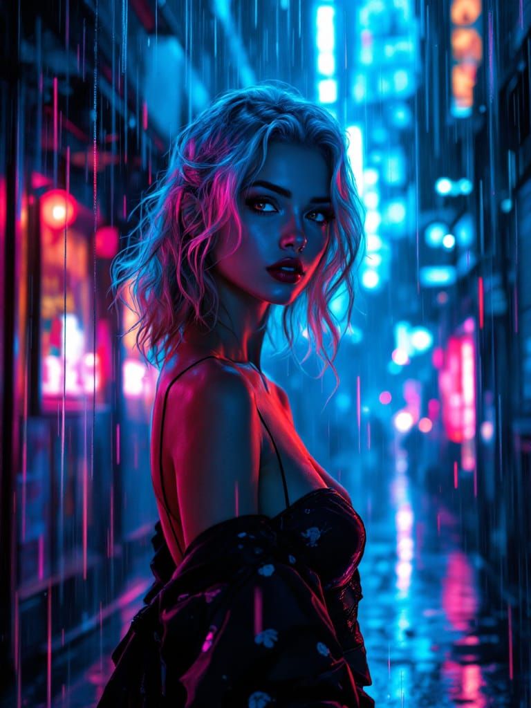 Cyberpunk Pin-Up Woman in Neon Rain