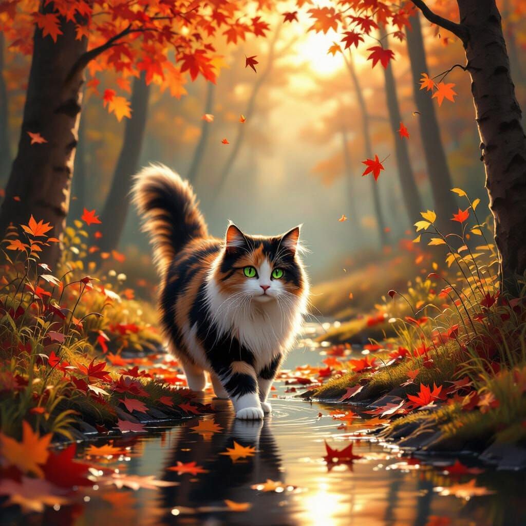Fluffy Calico Cat in Autumn Forest by Pond