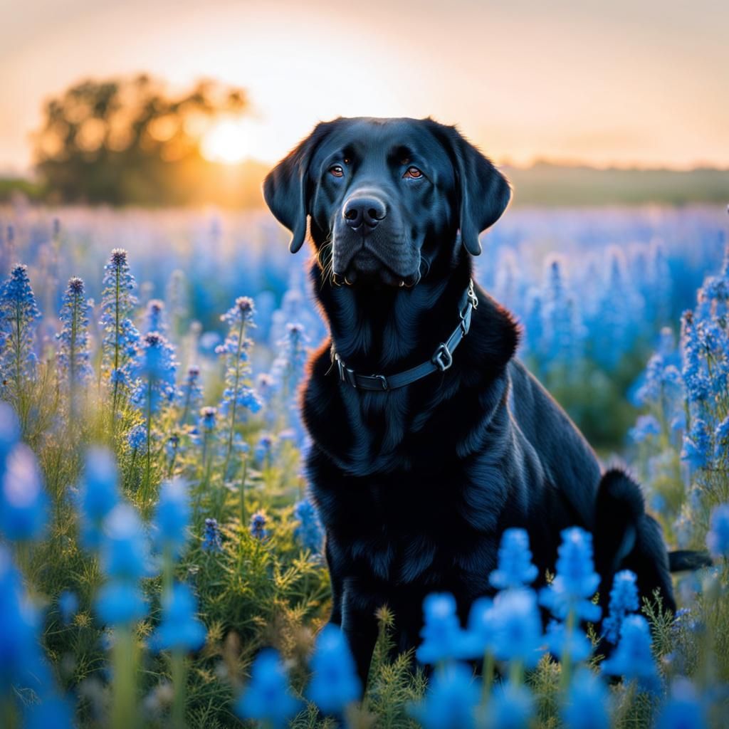 Black Labrador Retriever in Blue Flower Field