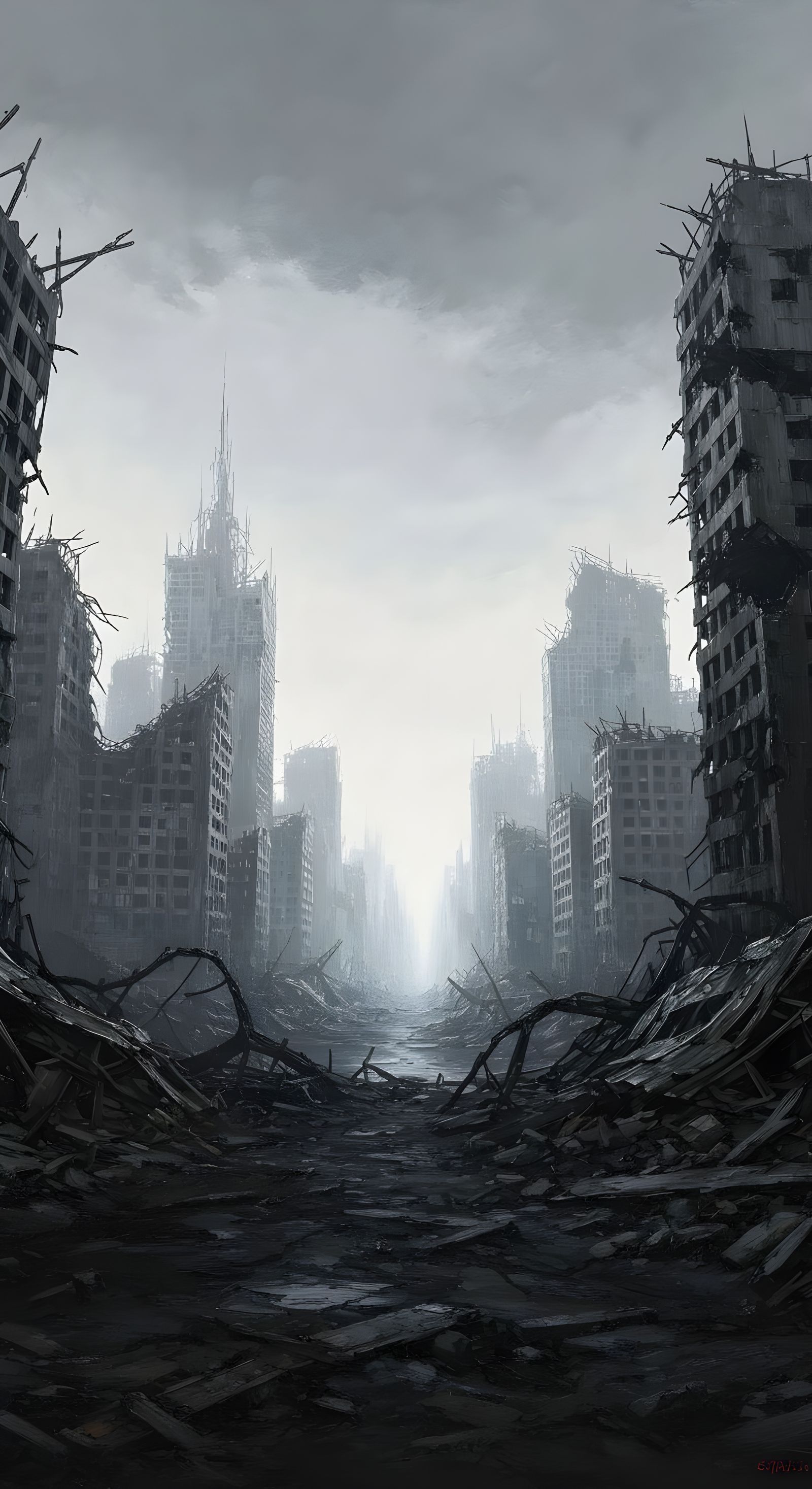 Post-Apocalyptic Cityscape in Detailed Oil Painting Style