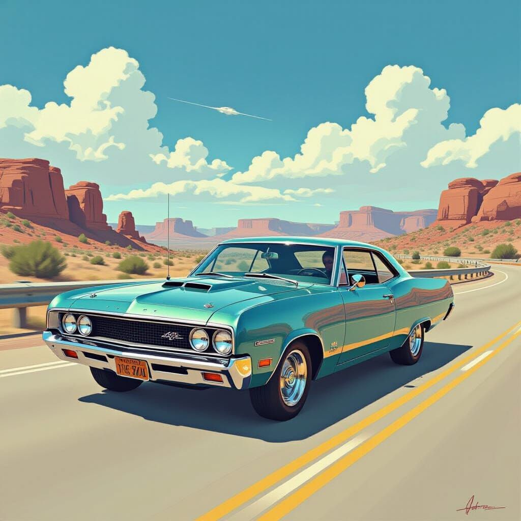 Vintage Muscle Car Speeds Down Highway