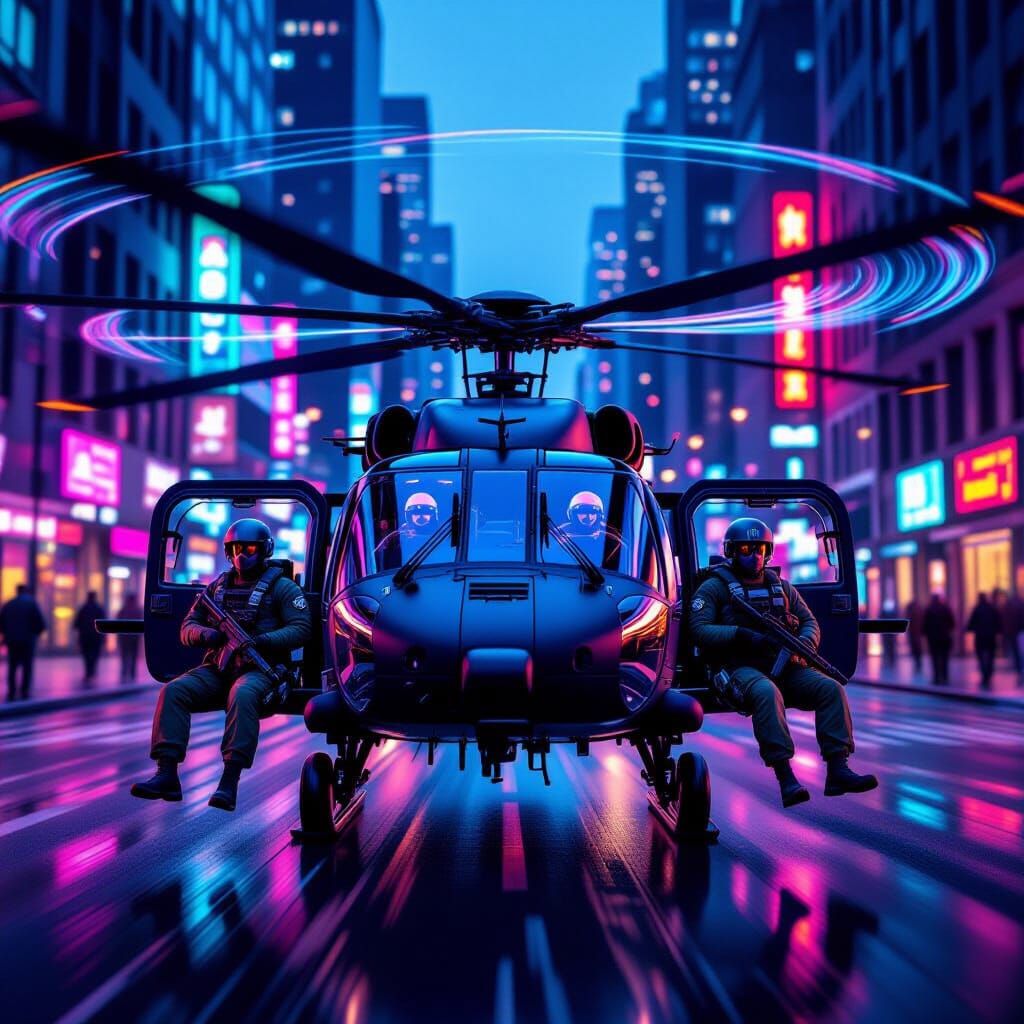 Black Hawk Helicopter Soars Through Neon-Lit NYC Streets