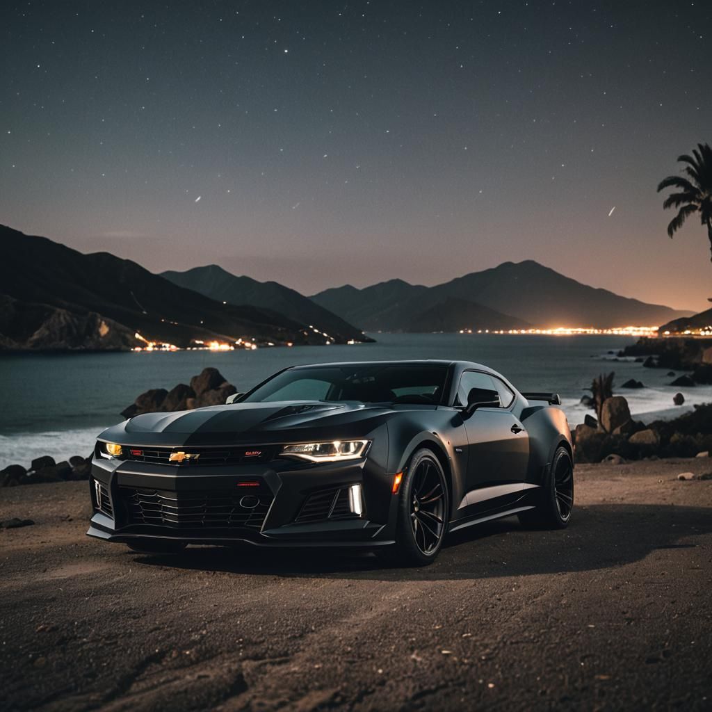 Matte Black Camaro ZL1 on the Amalfi Coast at Night