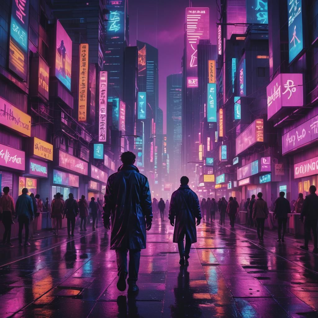 Synthwave Cityscape with Neon Lights and Figure