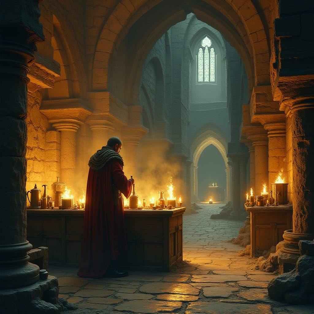 Myrmidon Potion Brewing in Illuminated Library