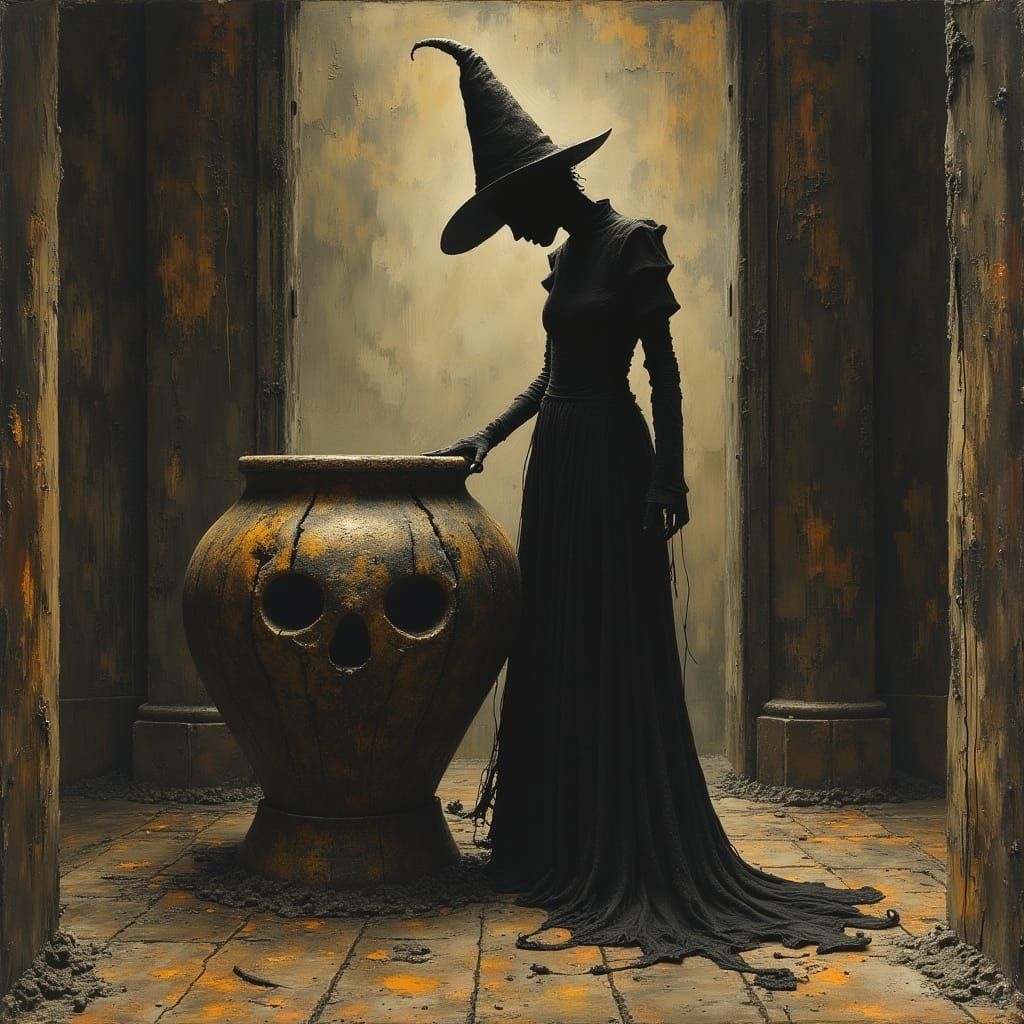 Dark Witch in Creepy Foyer, in Dark Oil Paint Style