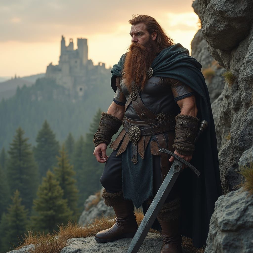 Muscular Dwarf Warrior on Hillside in Hyper Realistic Photo