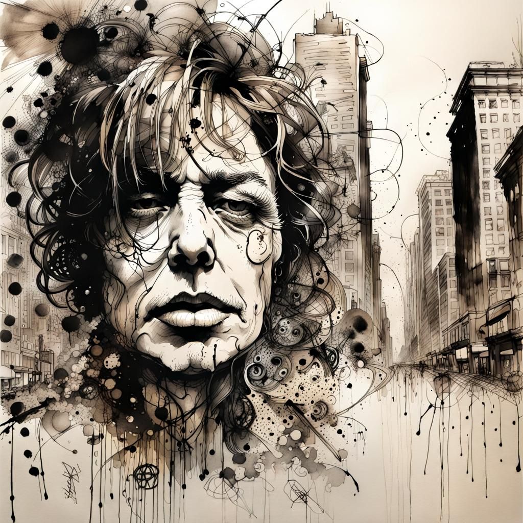 Downtown Seattle Ink Drawing in Steadman Style