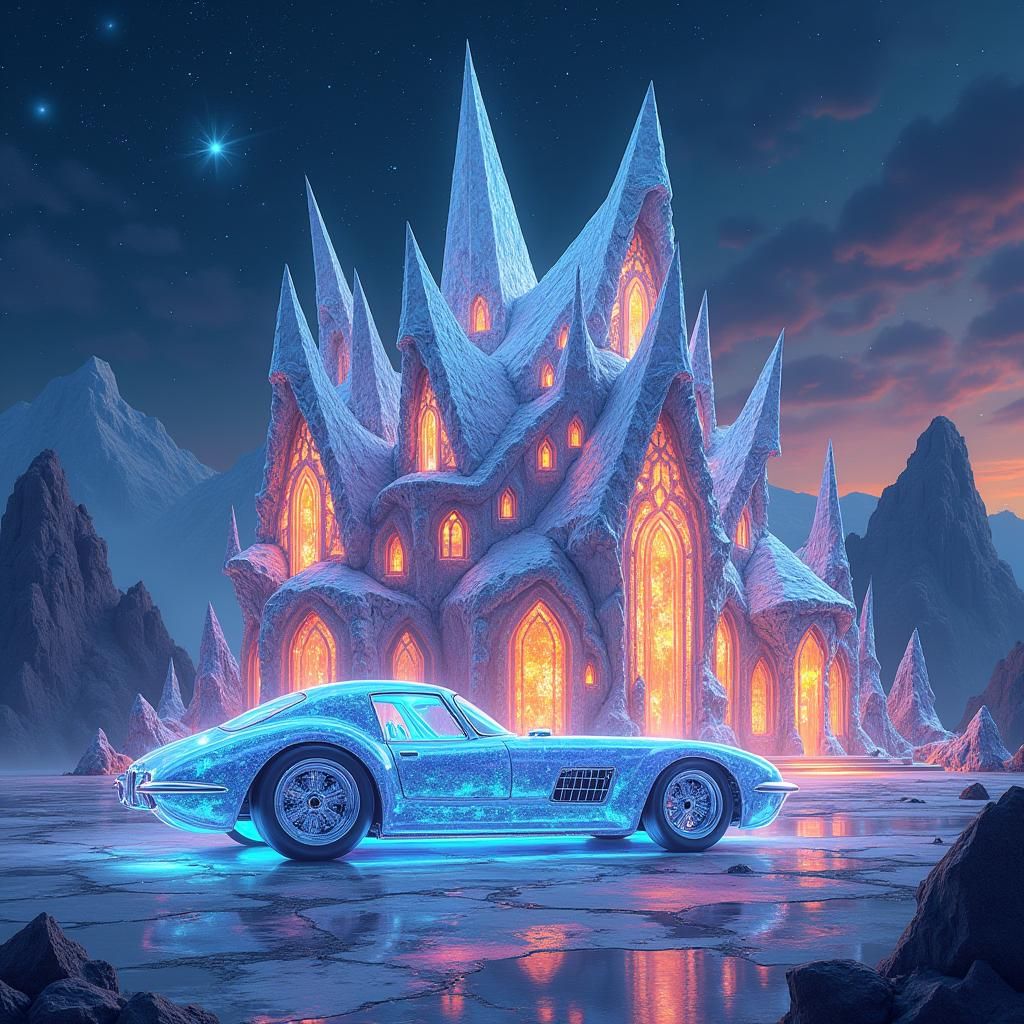 Crystal House and Car in Astral Illustration Style