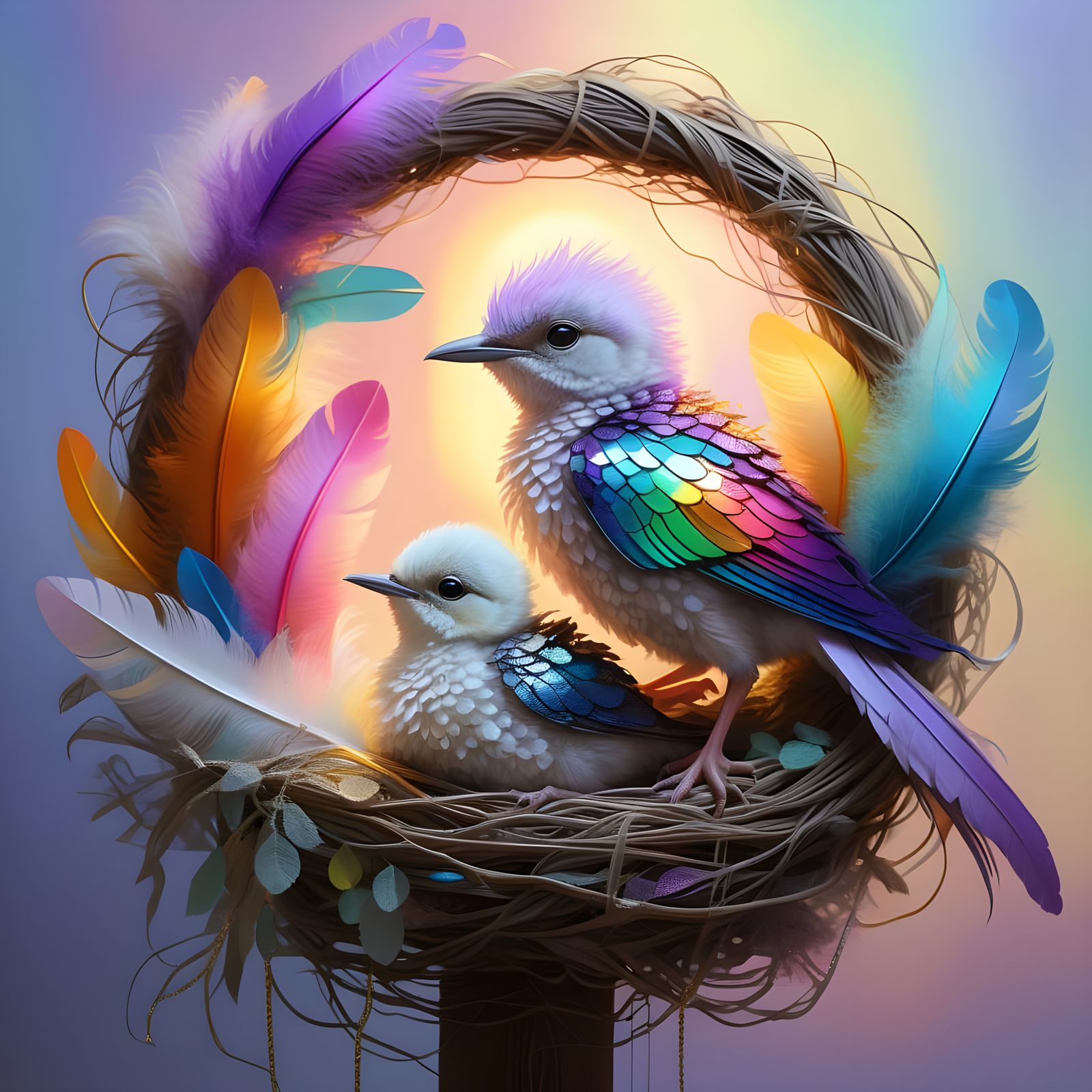 Ethereal Birdling in a Rainbow Nest of Silk and Opal Feather...